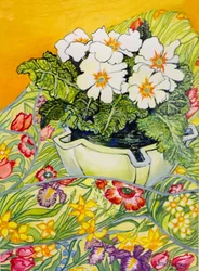 Blady pierwiosnek w doniczce z tekstyliami o wiosennych kwiatach, 2000