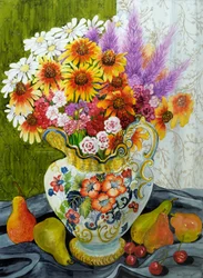 Wiktoriański dzbanek z mieszanymi kwiatami, gruszkami i wiśniami, 2010, gwasz