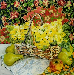 Żółte pierwiosnki w koszu, z owocami i tekstyliami, 2010.akwarela
