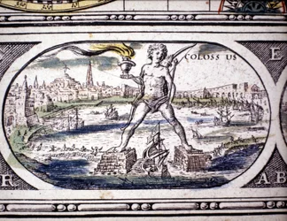 Reprezentacja siedmiu cudów starożytności: Kolos Rodyjski. w Atlasie Janssona Jannsoniusa wydrukowanym w Amsterdamie w 1630 r. Zbiory prywatne.