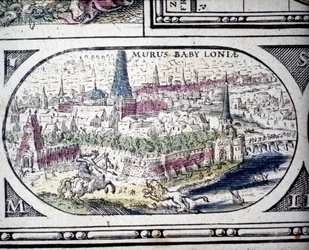Reprezentacja Siedmiu Cudów Starożytności: Ogrody Babilonu. w Atlasie Janssona Jannsoniusa wydrukowanym w Amsterdamie w 1630 r.