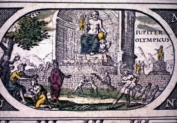 Przedstawienie siedmiu cudów starożytności: posąg Jowisza (Zeusa) autorstwa Fidiasza - w "Atlasie" Janssona Jannsoniusa, wydrukowany w Amsterdamie w 1630 r.