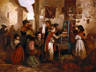 Dzieci bawiące się w procesji religijnej, obraz Joaquima Vayreda y Vila