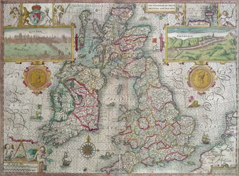 Mapa Królestwa Wielkiej Brytanii i Irlandii, 1610 (ręcznie kolorowe grawerowanie)
