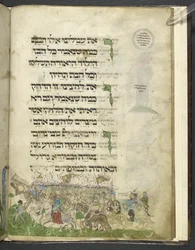 MS Add. 14762, fol. 15r, Wyjście z Egiptu i przejście przez Morze Czerwone, z „Hagady aszkenazyjskiej”, ok. 1460