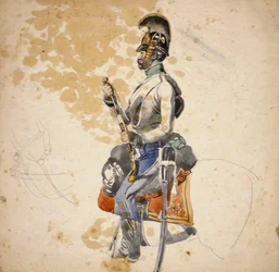 Pokazano żołnierza 5. pułku smoków, który ładuje swój pistolet konny, 1840-1850 (ołówek i farba wodna)