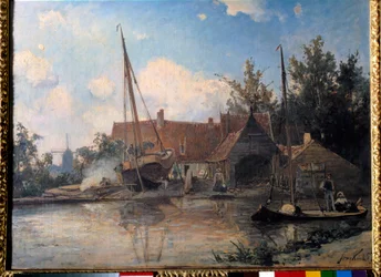 Holenderski pejzaż z uszczelnieniem dużej łodzi Obraz Jeana Bartholda Jongkinda (1819-1891) 1857 nd. 0,42x0,56 m²