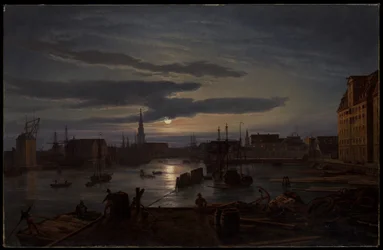 Port w Kopenhadze w blasku księżyca