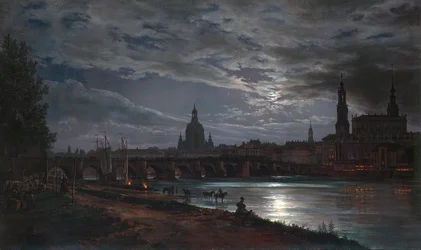 „Widok Drezna w świetle księżyca”, 1839. Wymiary 78 x 130 cm. Państwowe Zbiory Sztuki w Dreźnie, Drezno