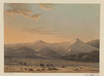 Widok na wulkan Bromo Ziejąca ogniem góra Bromo w 1856 r. (rezydencja Probolingo) (tytuł na obiekcie)