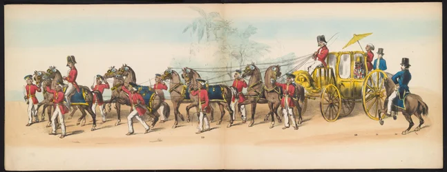 Maskarada studentów Delft, 1857 (tablica 3) Procesja kostiumowa prowadzona przez członków korpusu studenckiego Delft w dniu 5 maja 1857 r., przedstawiająca procesję Garebeg sułtana Djokjokarty oraz najbardziej charakterystyczne typy z Holandii.