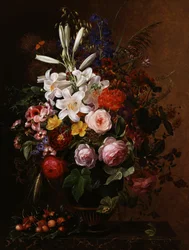 Lilie, pelargonie i róże w greckiej wazie. Obraz autorstwa Johana Laurentza Jensena (1800-1856) Kolekcja prywatna.