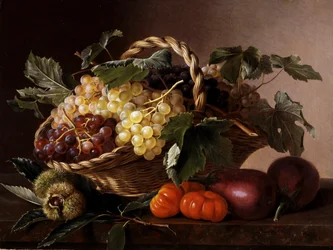 Martwa natura z bakłażanów, pomidorów, kasztanów i winogron. Obraz autorstwa Johana Laurentza Jensena (1800-1856) Kolekcja prywatna.