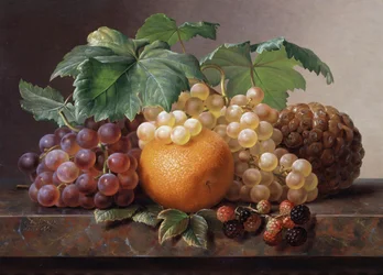 Martwa natura z winogron, jeżyn, pomarańczy i ananasa. Obraz autorstwa Johana Laurentza Jensena (1800-1856) Kolekcja prywatna.
