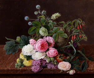Róże z mchu, piwonie i podwójne róże tremieres z mauve commelines. Obraz autorstwa Johana Laurentza Jensena (1800-1856) Kolekcja prywatna.