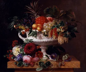 Klasyczna urna z porzeczkami, morelami, orzechami laskowymi i czarną porzeczką. Obraz autorstwa Johana Laurentza Jensena (1800-1856) Kolekcja prywatna.