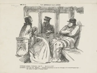 Karykatura wielu wypadków na Rhijnspoorweg, 1866 r. Z Amsterdamu do Arnhem (tytuł na obiekcie)