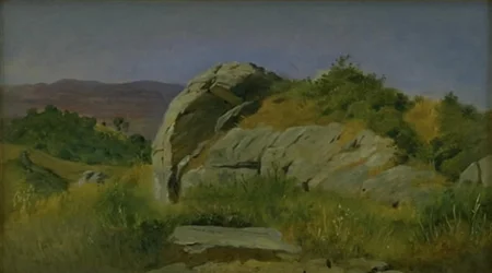 Krajobraz ze skałami na pierwszym planie. Civitella, Włochy