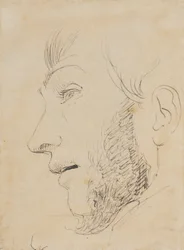 Portret mężczyzny z profilu w lewo, widziany od dołu
