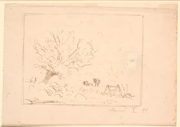 Krajobraz polny z wierzbą przy dużych kamieniach, kogutem, pługiem i trzema krowami