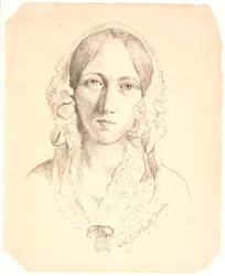Portret młodej kobiety, jedna twarz. Prawdopodobnie reprezentuje Louise Marie Neergaard (1816-1895)
