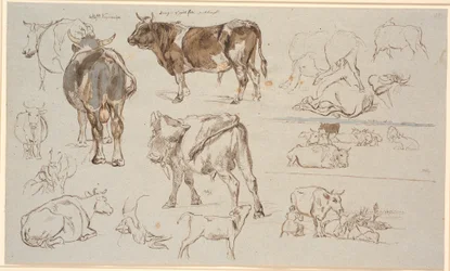 Czasopismo Study z Vognserup. Badania krów, byków i cieląt. T.h. dwa studia krajobrazowe, górne z leżącymi krowami, dolne ze sceną dojenia