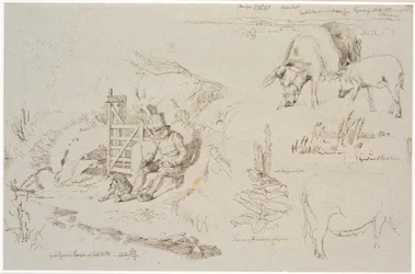 Czasopismo Study z Vognserup. T. v. pasterz (stary Rasmus Larsen) siedzący z psem przy stawie. Narodziny studium krajobrazu z nazwami miejscowości. W tym dwie świnie. T.m.f. badanie trzcin w jeziorze. W tym królewska roślina świec i badanie lochy