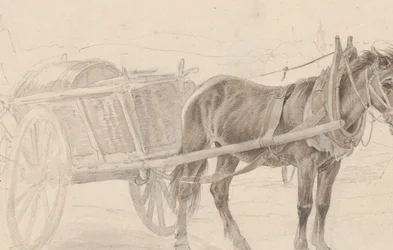 Wóz zaprzężony w brązowego konia przy słupie latarni, Verso: Grupa konnych, ok. 1930 r. 1815.