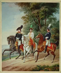 Trzej monarchowie na koniach: Cesarz Franciszek I, Car Aleksander I, Król Fryderyk Wilhelm III