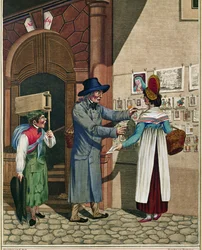 Handlarz popularnymi balladami i drukami, uczeń szewski, z serii wiedeńskich typów około 1810 roku ...
