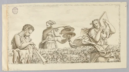 Satyr grający na flecie, dziewczyna z cymbałami, kobieta z książką