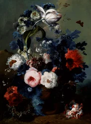 Martwa natura z róż, maków i irysów. Malarstwo Johann Baptist Drechsler (1756-1811) Prywatna kolekcja.