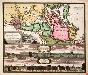 Dokładna mapa nożyc wyżynnych z położeniem i obszarem wokół królewskiej stolicy Szwecji i miasta rezydencjalnego Sztokholmu, ok. 1740 r. (kolorowy grawerunek)