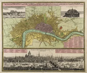 Mapa i perspektywa Londynu, ok. 1710 (rycina ręcznie kolorowana)