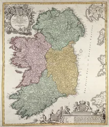 Mapa Irlandii przedstawiająca prowincje Ulster, Munster, Connaught i Leinster, autorstwa Johanna B. Homanna, ok. 1730 r. (rycina ręcznie kolorowana)