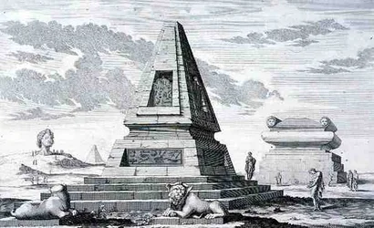 Piramidy oznaczające grobowiec króla Egiptu Sotisa, znalezione w ruinach Heliopolis. z "Entwurf einer historischen Architektur".