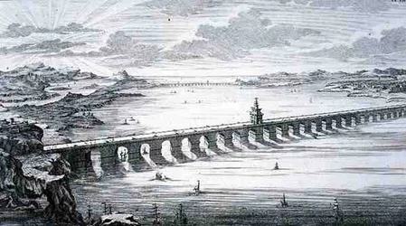 Wielki most chiński, między Focheu i Nantai, Chiny, z „Planu architektury historycznej”, ryty przez Johanna Adama Delsenbacha (1687-1765) 1721 (rycina)
