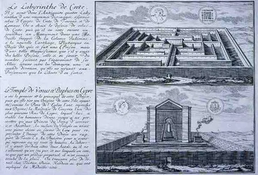 Labirynt na Krecie i Świątynia Wenus w Pafos na Cyprze, oba zaczerpnięte z projektów znalezionych na starożytnych monetach rzymskich z „Entwurf einer historischen Architektur”