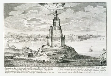 Faros z Aleksandrii, tablica 9 z „Projekt architektury historycznej”, sztych. Johann Adam Delsenbach (1687-1765) 1721 (rycina)