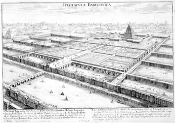 Widok starożytnego Babilonu ukazujący Wiszące Ogrody i Świątynię Jowisza Belusa, tablica 3 z „Entwurf einer historischen Architektur”, sztychowana przez Johanna Adama Delsenbacha (1687-1765) 1721 (ryta)