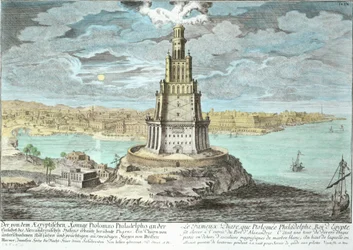Latarnia morska w Aleksandrii, zbudowana przez Ptolemeusza Wielkiego (36-po 30 pne), Egipt, z Entwurf einer historischen Architektur, rytowana przez Johanna Adama Delsenbacha (1687-1765) 1721 (później kolor