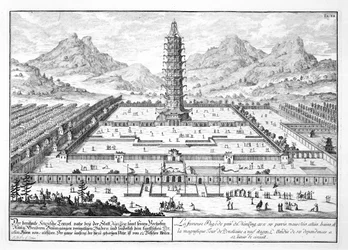 Porcelanowa Wieża Nankińska, tablica 12 z „Projekt architektury historycznej”, ryt Johann Adam Delsenbach (1687-1765) 1721