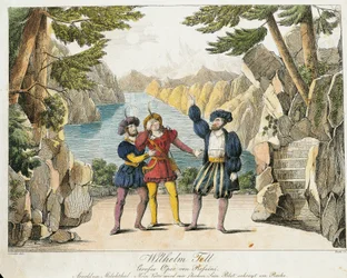 Scena z „William Tell” Gioachino Rossiniego, sztychowana przez Zincke (kolorowa grawerunek)