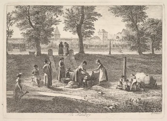 Scena plenerowa kobiet w czynnościach domowych w Norymberdze, XIX w.
