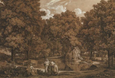Arkadyjski krajobraz z trzema postaciami nad jeziorem, 1792.