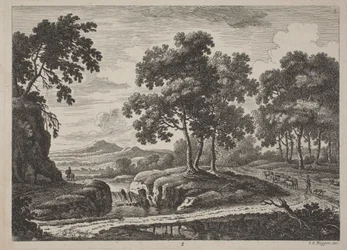 Panoramiczne krajobrazy rzeczne z podróżnikami, 1734.