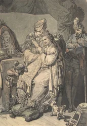 Kobieta w toalecie z służącą, chłopcem, psem i młodym żołnierzem, verso: Szkic..., 1770.