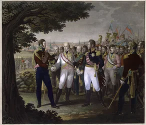 Rosyjski car Aleksander I (1777-1825), austriacki cesarz Franciszek I (1768-1835) i król pruski Fryderyk Guillaume (Frederic-Guillaume) III w Pradze 18 marca 1813 r. - Spotkanie cesarzy Franciszka I austriackiego, Aleksandra I Rosja i Fre