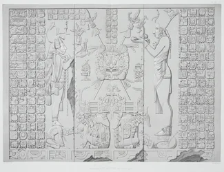 Relief przedstawiający księdza z darami z Sanktuarium Świątyni Słońca w Palenque, tablice 29 i 30 z Ancient Monuments of Mexico, rytowane przez Wernera, 1866