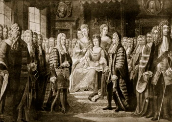 Przedstawienie artykułów unii królowej Annie, 1706, ilustracja z „Historii narodu brytyjskiego Hutchinsona”, około 1923